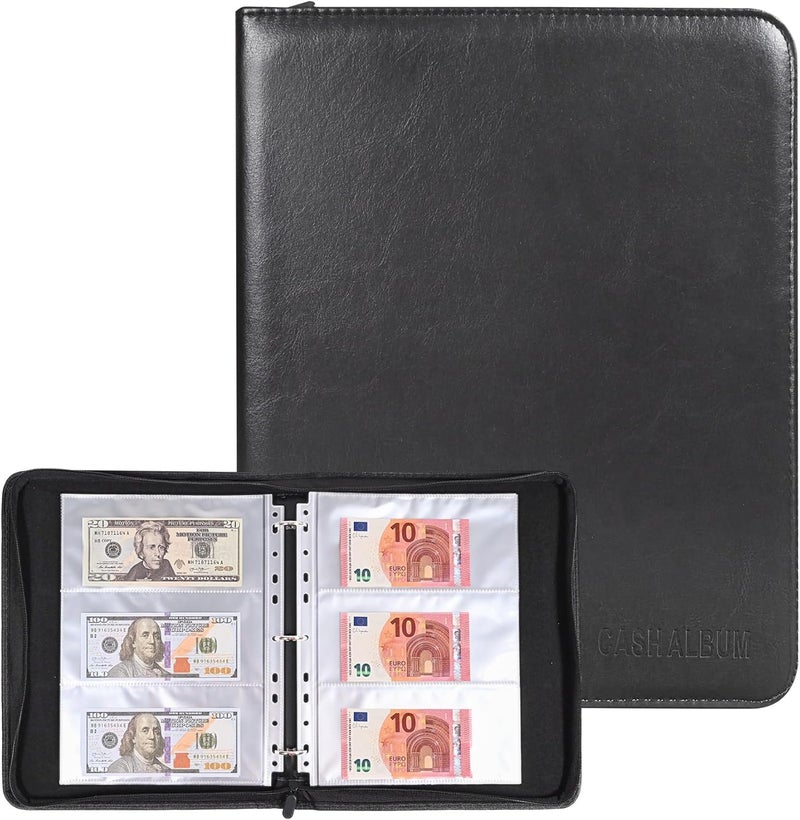 WITHYU Currency Album with 180 Pockets - Expandable 3-Ring Binder Currency Organizer with Clear Non-PVC Sleeves for Banknotes, Bills, Tickets, and Collectibles (Black) - Image 1